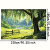 2D Party Backdrop Idyllic Countryside Tapestry, Willow Tree Over Wildflower Meadow