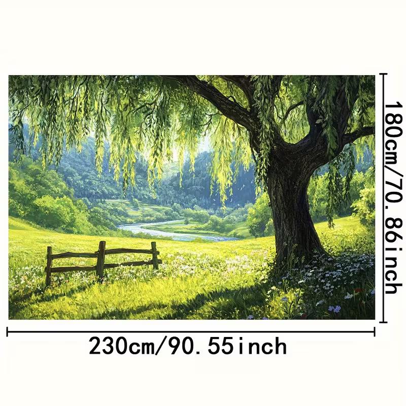 2D Party Backdrop Idyllic Countryside Tapestry, Willow Tree Over Wildflower Meadow