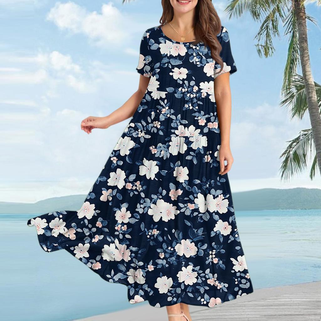 Women's Casual Loose Bohemian Floral Print Short Sleeve Dress