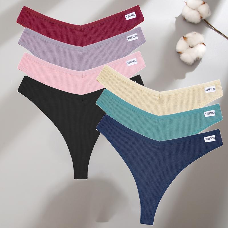 FINETOO 7Pcs Women Cotton Thongs Clothing Comfortable Waffle G-string Panties Female Low-Rise T-Back Underwear Bikini Lingerie