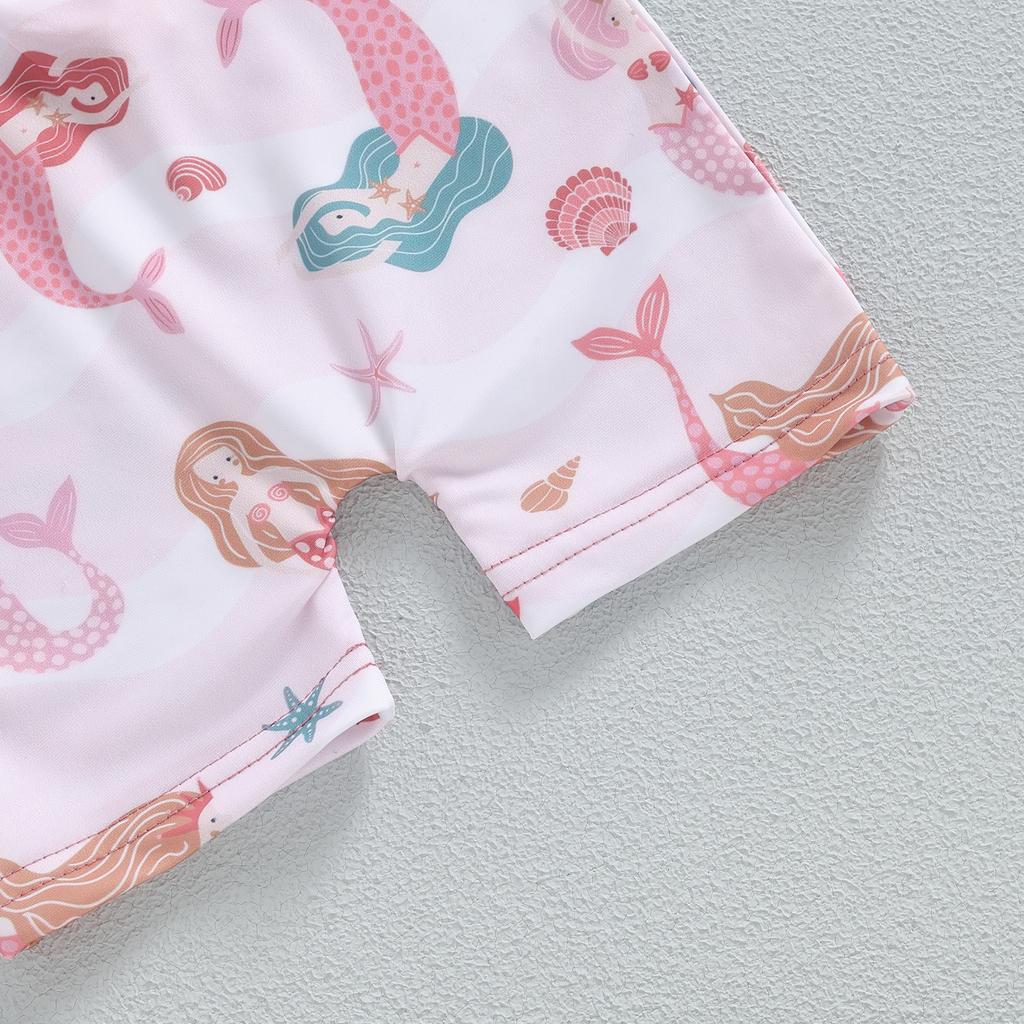Badeanzug-Set für Baby-Mädchen, Muschel-Print, langärmliger Rashguard-Badeanzug, breite Krempe, Sonnenhut, Strandbekleidung für Kleinkinder