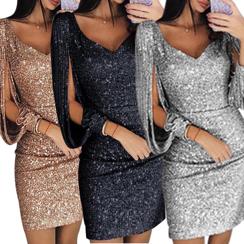 Ladies Elegant Sequins Sexy Vneck Mini Casual Cocktail Party Slim Stylish Dress