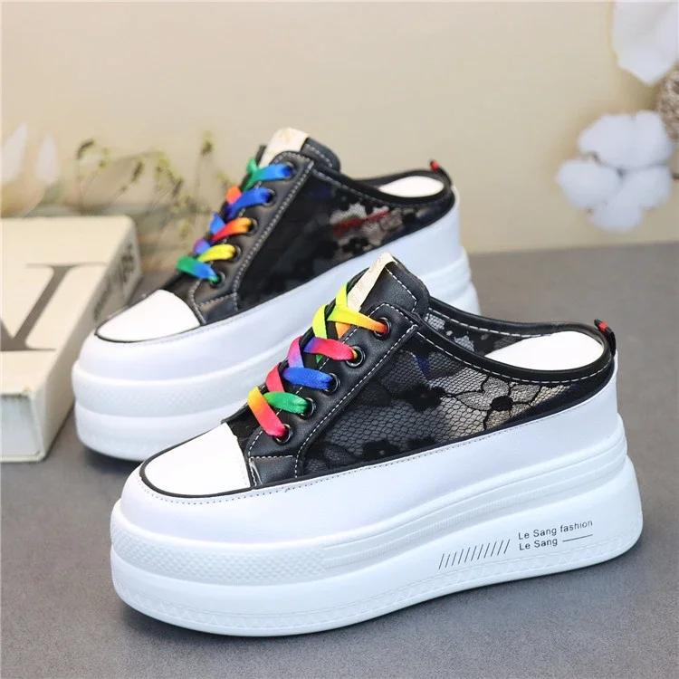 Fashion Summer Thick-soled Inner Heightening Half-drag Canvas Shoes Women's Muffin  A Pedal Lazy Shoes Women Casual Breathable Slippers