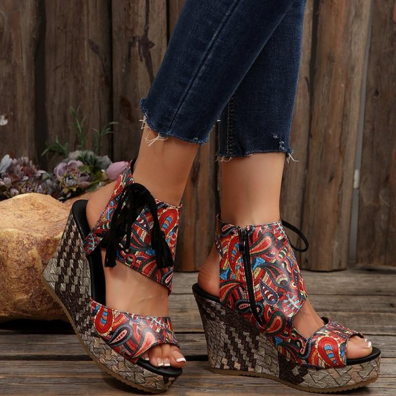 Fashion Roman Sandals Women's Summer New Round Toe Open Toe Platform Printed Side Zipper Anti-Slip Wear-Resistant Super Heels