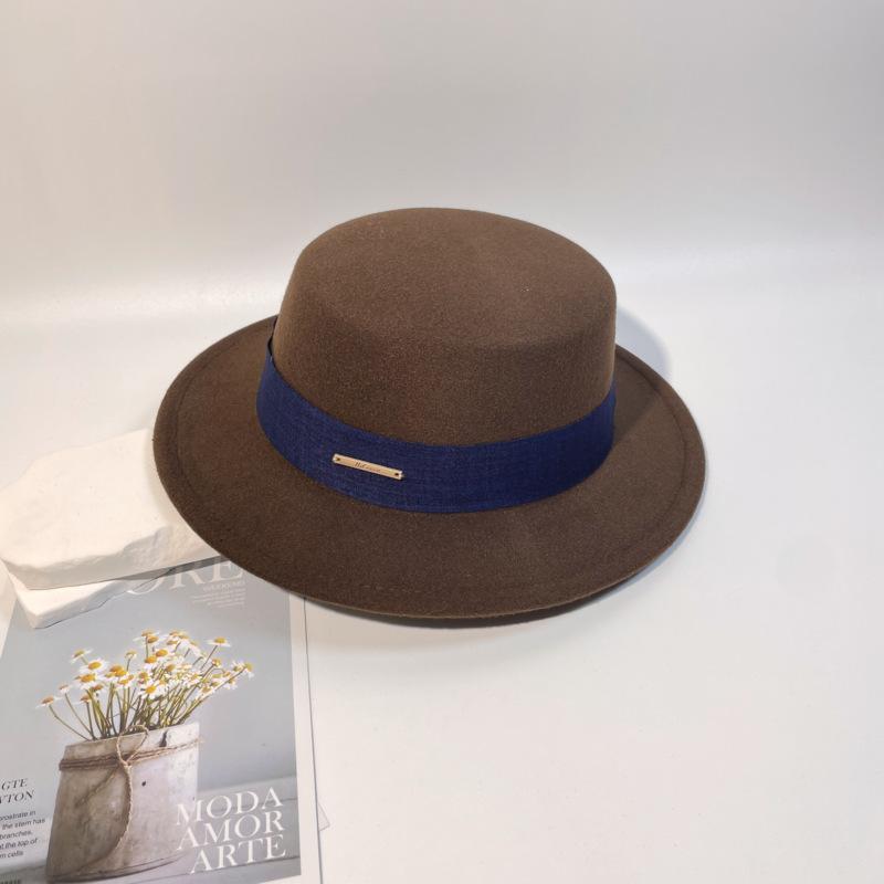 Celebrity French Temperament Flat Top Woolen Top Hat Women's Flat Edge Small Edge Felt Hat British Fashion Simple Autumn and Winter