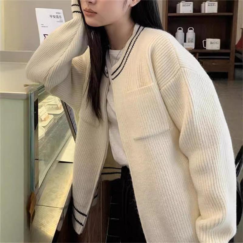 Autumn and winter new retro lazy style contrasting color crew neck knitted zipper cardigan fashionable versatile loose sweater women
