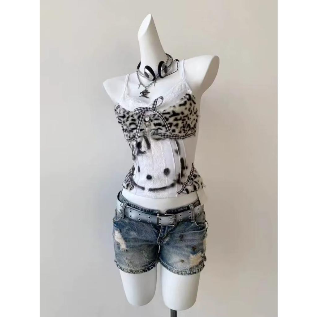 Women's Vintage Y2K Halter Tank Tops Sexy Streetwear Subculture Leopard Patchwork Kawaii Vest Women's Lace