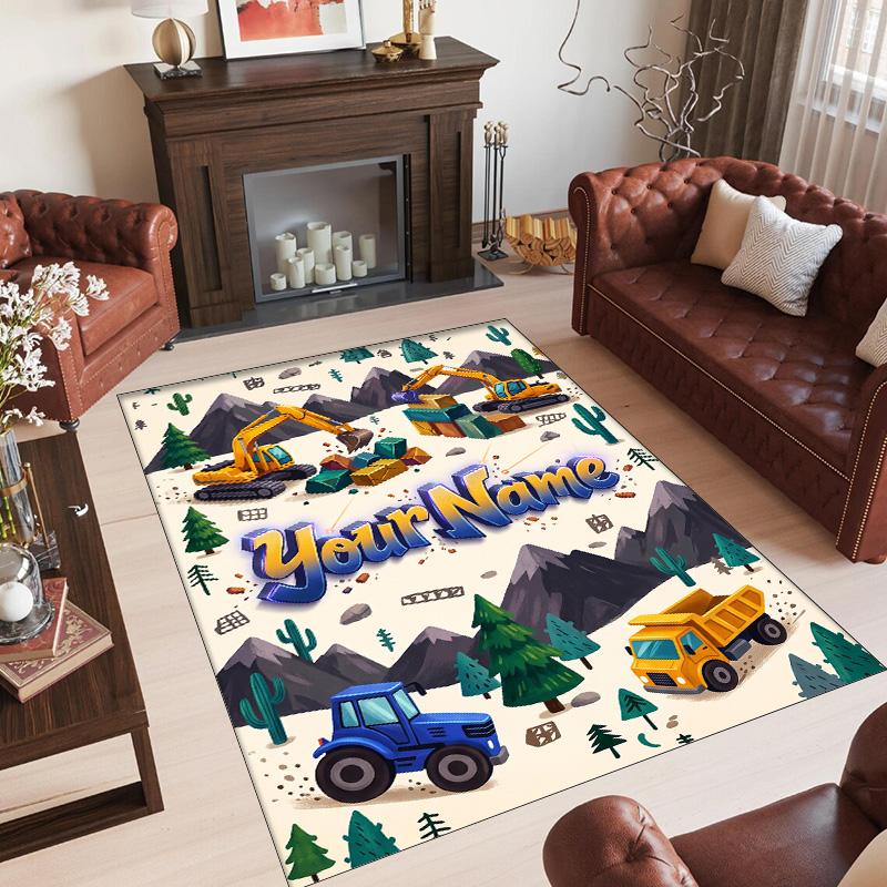 Construction Vehicles Theme Crystal Velvet Rug Personalized Custom Name Text Soft Floor Mat Home Decor