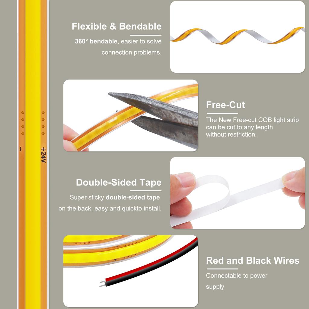 8MM Free Cut COB LED Strip Light 400LEDs/m 12V 24V High Density Flexible Tape Ribbon 3000K 4000K 6000K RA90 FOB Led Lights