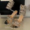 Fashion Luxury Shiny Rhinestone Designer Thin High Heels Women Sexy Ankle Strap Heeled Sandals for Women Crystal Flower Banquet Pumps