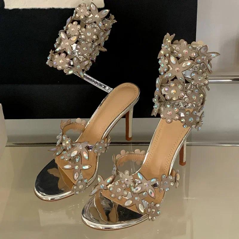 Luxury Shiny Rhinestone Designer Thin High Heels Women Sexy Ankle Strap Heeled Sandals for Women Crystal Flower Banquet Pumps