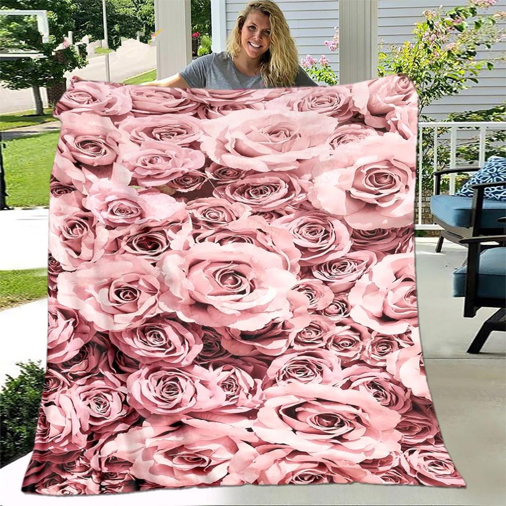 Rose Print Flannel Blanket Soft Warm All Season Blanket Sofa Bedroom Office Blanket