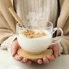 Große japanische Frühstückstasse aus gehärtetem Glas mit Bambusdeckel & Holzlöffel