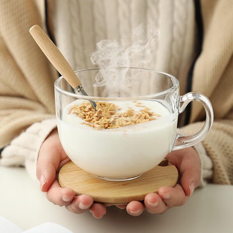 Große japanische Frühstückstasse aus gehärtetem Glas mit Bambusdeckel & Holzlöffel