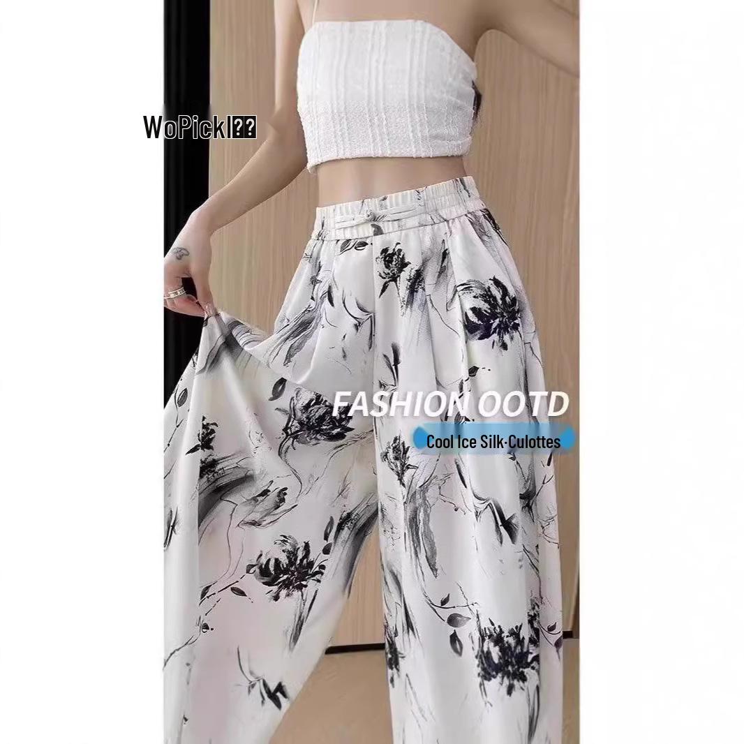 

Жіночі кюлоти великого розміру в китайському стилі з принтом у вигляді чорнильних мазків: З високою посадкою, Легкі, Крижаний шовк, Сонцезахисні Штани-спідниця сім точок для осені L квітковий/чорний