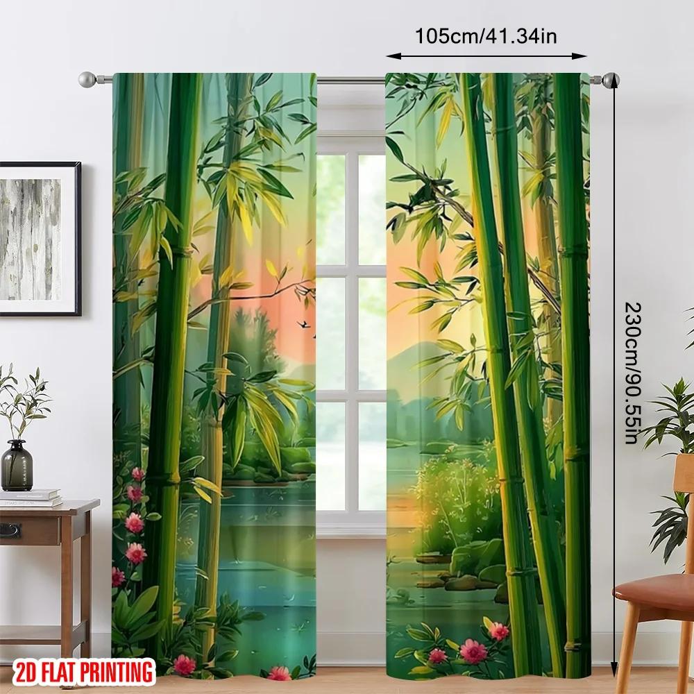 2pcs Bamboo Floral Scenic Printed Curtains, Designed for Light Filtering, Quality Material, Ideal for Zen