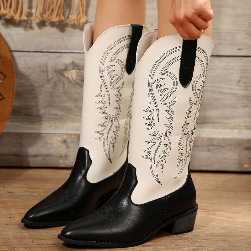 Western Cowboy Boots Women's Coarse Heel Autumn and Winter Embroidery Skinny Medium Heel Boots Medium Heel Pointed Color Matching Knight Boots