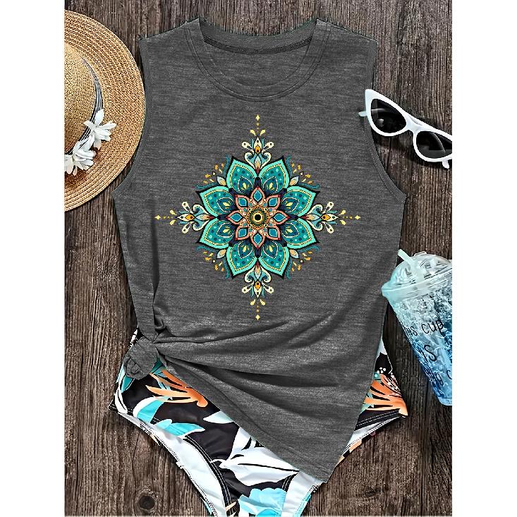 2026 New Creative Beautiful Mandala Geometric Print Round Neck Women Sleeveless Vest Versatile Comfortable Casual Summer Tank Top