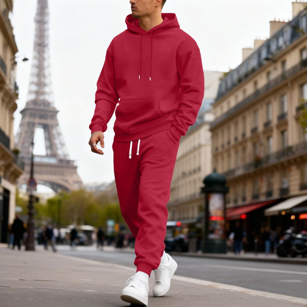 Men's Casual Sports Suit, Solid Color Hooded Sweatshirt, Waist Cinching Pants, Long Sleeved Pants, Comfortable And Warm Suit