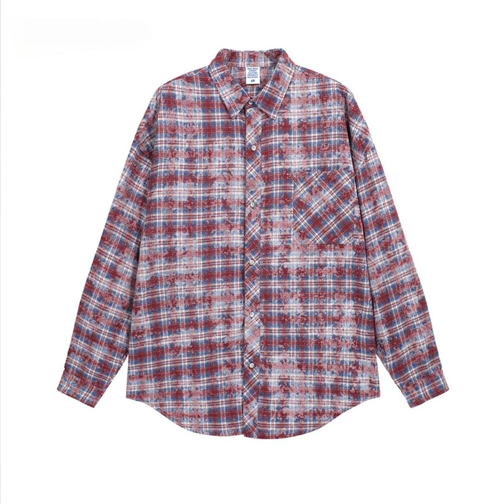 

Мужские рубашки, модная мягкая повседневная свободная рваная клетчатая рубашка с длинными рукавами и отложным воротником, карманный дизайн, повседневная уличная одежда M красный