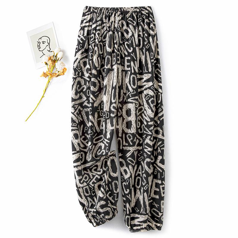 Pantaloni de pijama din bumbac mătase pentru femei, secțiune subțire de vară, anti-țânțari, pantaloni cu picior lat, culoare uni, pentru exterior, casă, petrecere a timpului liber, imprimeu, pantaloni de plajă până la genunchi