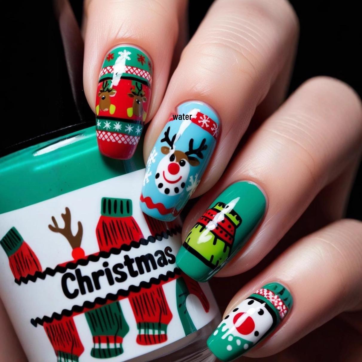 Christmas Cartoon Snowman & Reindeer Nail Stickers - 24 Piece Set