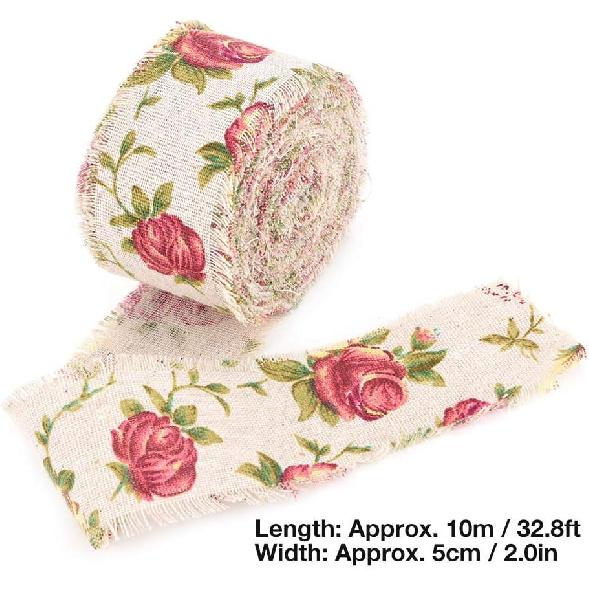 Burlap Ribbon, 32.8ft Long x 2.0in Wide Rose Flower Printed Burlap Ribbon Hessian Jute Belt Strap Wedding Cloth Decoration