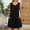 Women's Dress Solid Color Round Neck Hollow Pleated Sleeveless Pocket Dresses