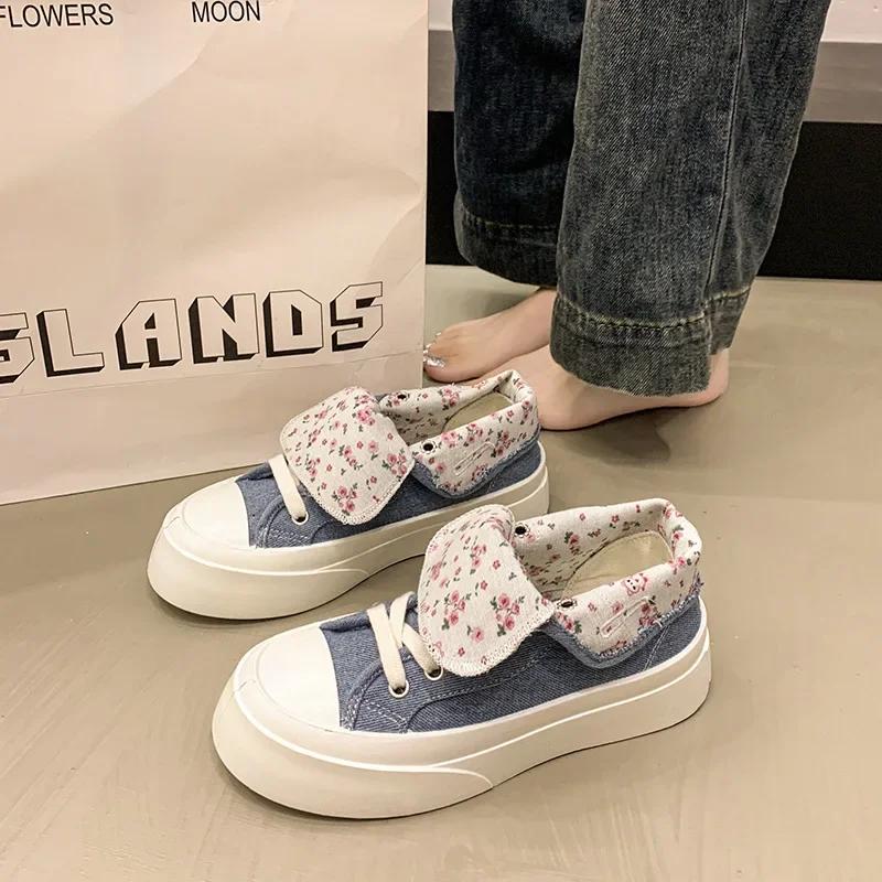Fashion New 2025 Women's Thick Bottom Canvas Shoes Casual Two-Way Wear Spring Autumn Fashion Flat Heel Adult Polyurethane Footwear