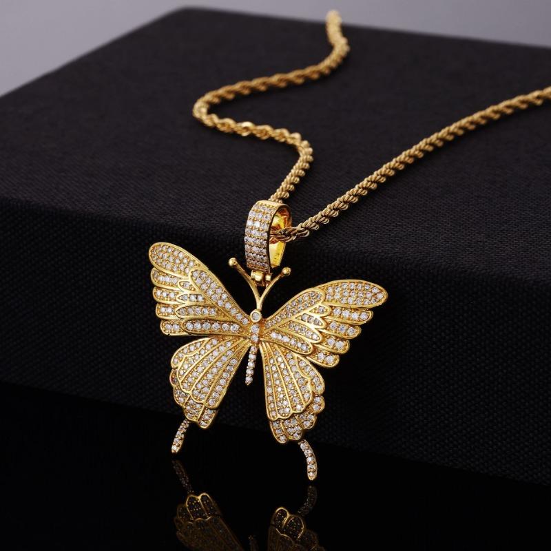 Iced Out Butterfly Pendant Necklace For Men/Women Gold Plated Stainless Steel Hip Hop JewelryButterfly Pendant