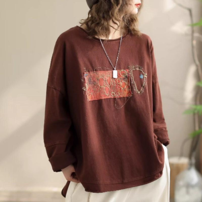 

Johnature Женские футболки с цветочной вышивкой и длинным рукавом с круглым вырезом, весенние однотонные свободные женские винтажные футболки