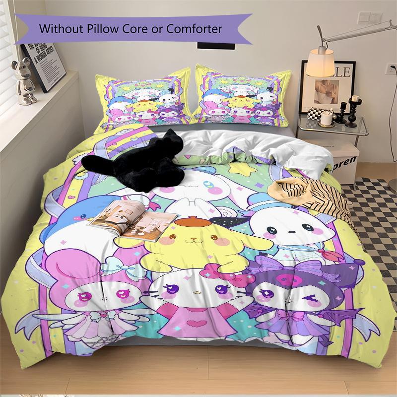 3pcs Sanrio Cartoon Character Hello Kitty Design Pattern Bedding Three-Piece Set (1 Cover + 2 Pillowcases, No Fillings), Soft and Comfortable W089