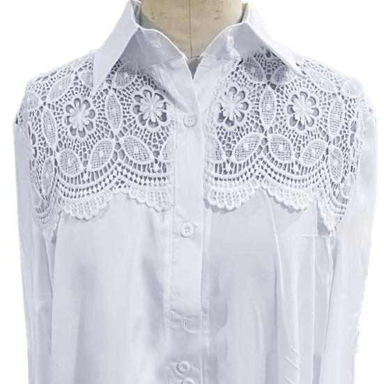 Revers Langarm Knöpfe Leiste Damen Hemd Häkeln Blumenspitze Stich Hemd Top