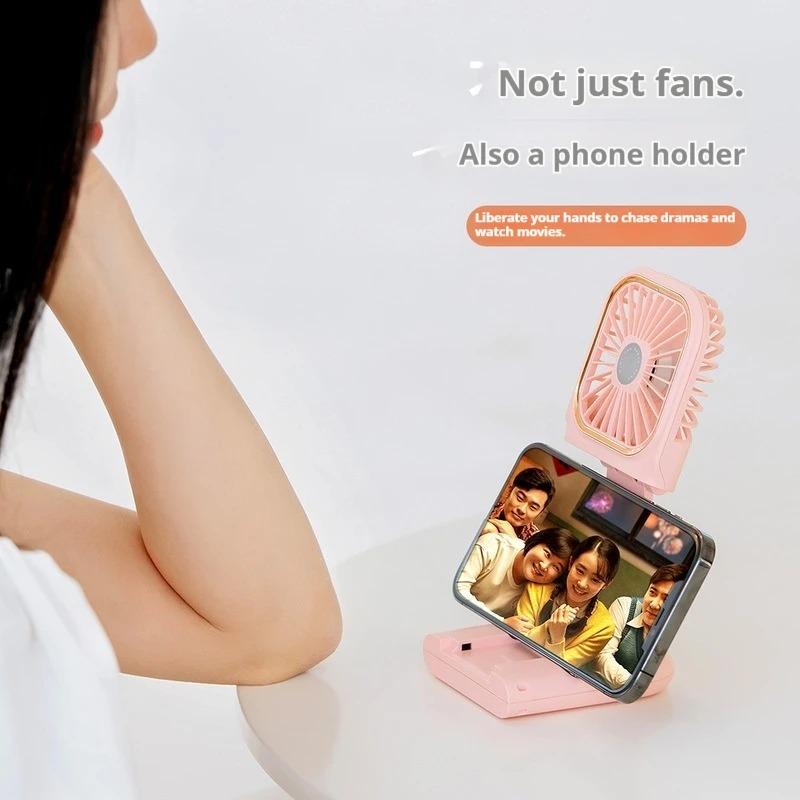 Mini Handheld Fan Folding USB Electric Fan with Phone Bracket Function 3000mAh Power Bank Hanging Neck Fan Home Appliance