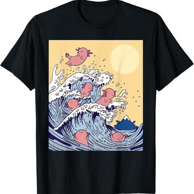 Surfing Axolotl Funny Axolotls Ocean Waves Japanese Art T Shirt