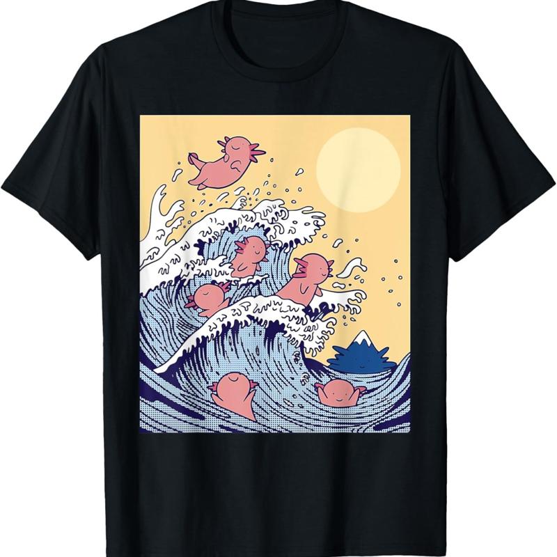 Surfing Axolotl Funny Axolotls Ocean Waves Japanese Art T Shirt