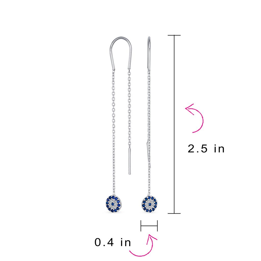 Blue Nazar Evil Eye Cubic Zirconia Pave CZ Spiritual Thin Chain Threader Earrings For Women For Teen Sterling .925 Silver.