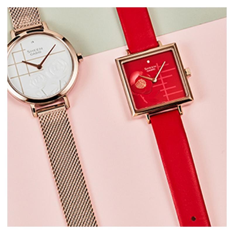 Casio SHEEN Flower Theme Camellia Series Classic Square Business Quartz Movement Leather Strap Japanese and Korean Watch SHE-C141CGL-4AUPFH-person