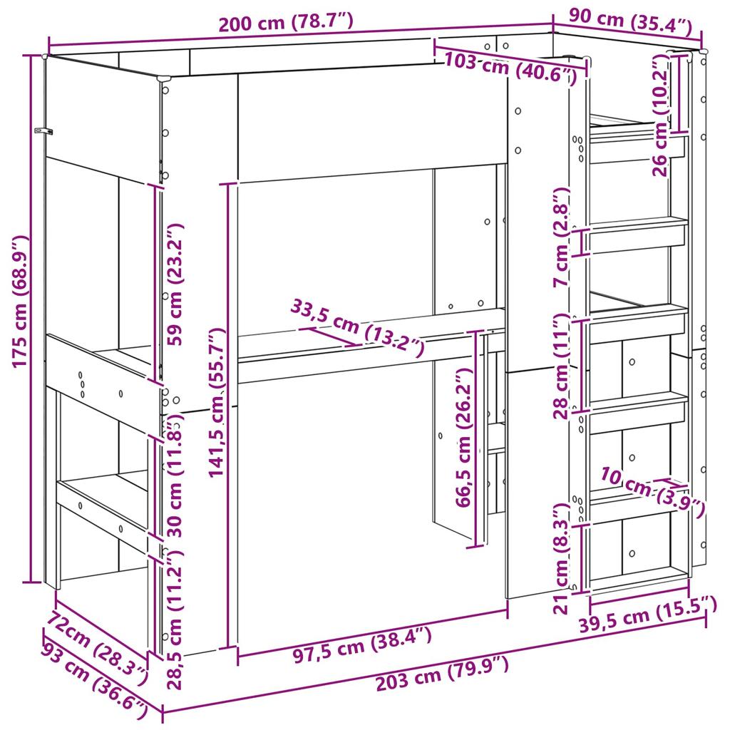 Loft Bed Frame with Desk Reclaimed Wood Look 90 x 200 cm