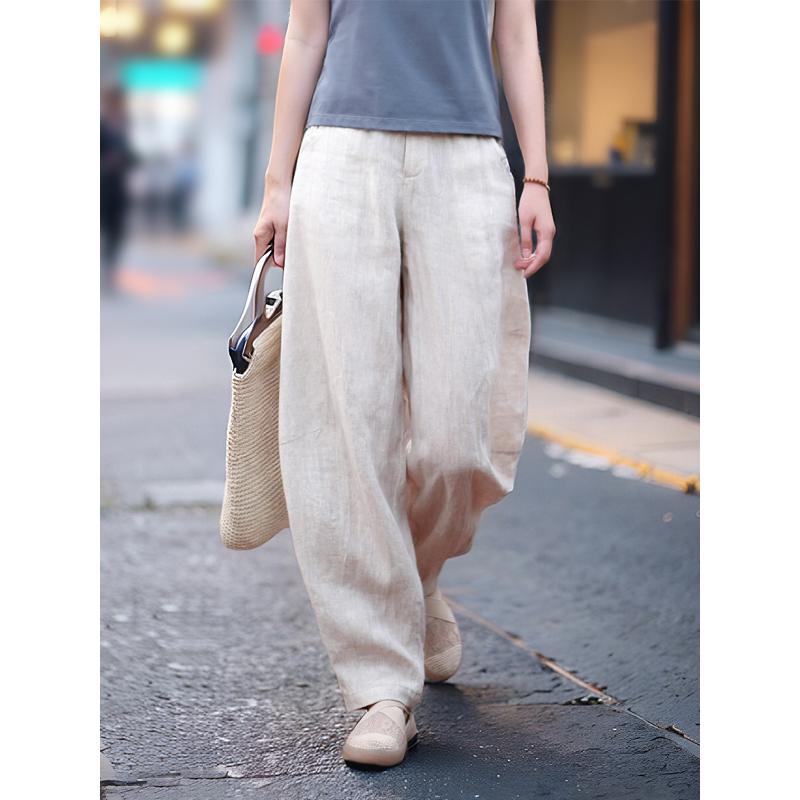 2026 Spring/Summer Women's Comfortable Ramie Wide-Leg Carrot Pants - Retro Lantern Style, Loose & Casual