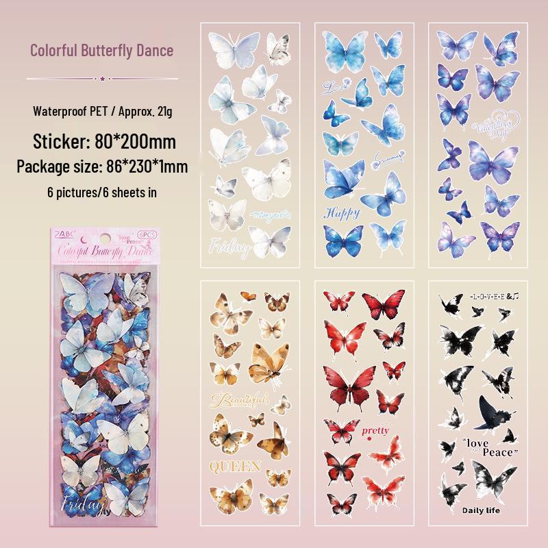 ZABC Butterfly Theme Die-cut PET Stickers (6 Sheets) - Color Wing Flowing Light Series for Journals