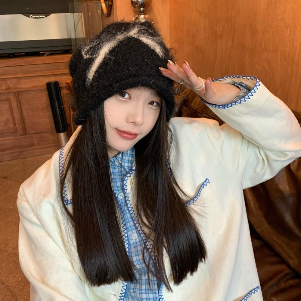 Printed Bow Jacquard Knitted Hat Warm Big Head Circumference Printing Beanies Wool Korean Style Ear Protection Hat