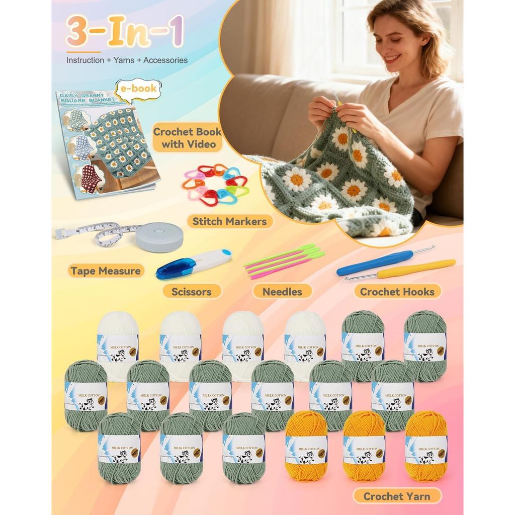Coopay Crochet Kit for Beginners, Crochet Starter Kit for Blanket, Granny Squares Video Instructions, Easy to Learn Knitting for Beginner