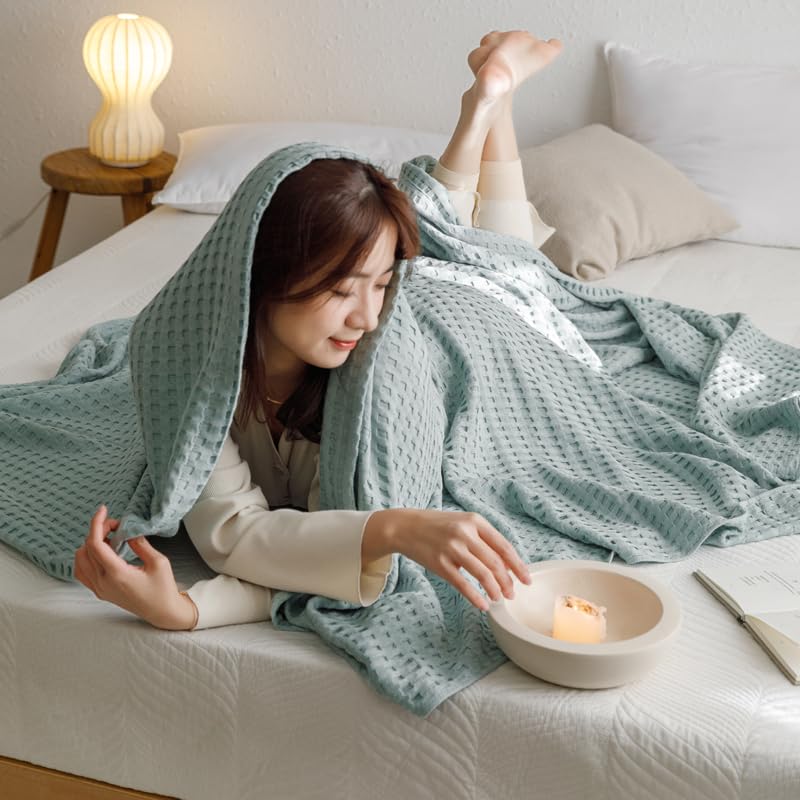 songlibin Waffle Blanket, Towel Blanket, Cotton, Air Conditioning Blanket, Bedding, Waffle Weave Cover, Quilted Blanket (Blue, Single 150*200cm)