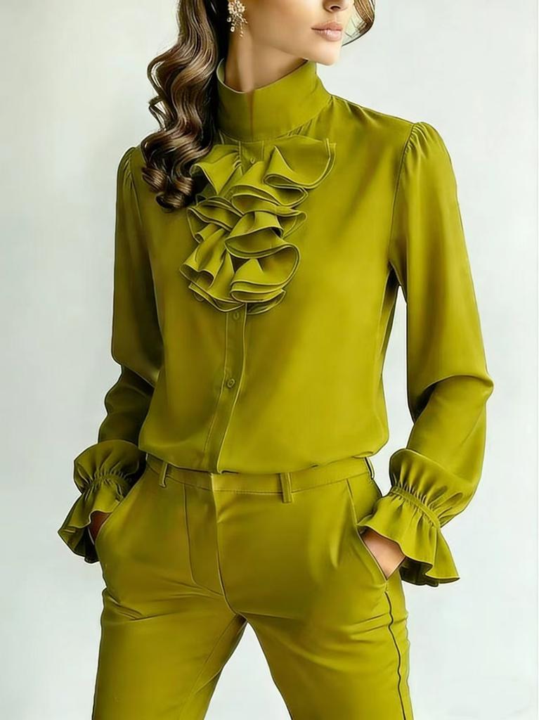 1116 European and American New Temperament Commuting Loose Stand-up Collar Solid Color Ruffle Edge Shirt Women