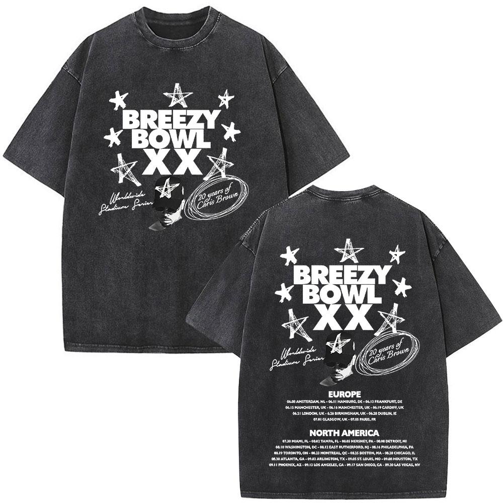 Rapper Chris Brown Breezy Bowl XX Tour 11:11 Vintage Washed T-Shirt Herren Damen Mode Hip Hop T-Shirts Baumwolle Oversized T-Shirts