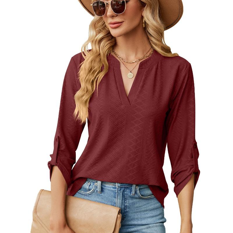 Damen Unifarben V-Ausschnitt Dreiviertelarm Locker Lässig T-Shirt Top