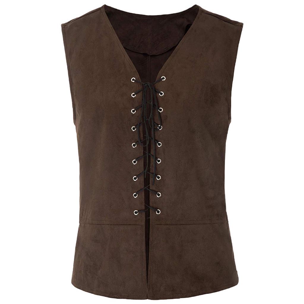 Vintage Medieval Tank Top Mens Vest Laced Up Waistcoat Gothic Sleeveless Solid Waist Trainer Vest for Weight Loss Renaissance T Shirt Body Shaper Corset Shirt