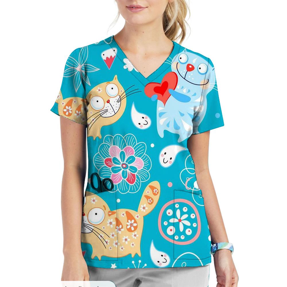 Krankenschwester Uniform V-Ausschnitt Cartoon Katze Hund Muster Bedruckte Oberteile Kurzarm Taschen Damen T-Shirts