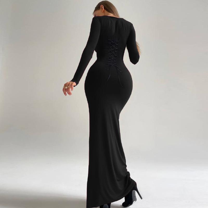 2025 Early Autumn Fashion: Women's Slimming Backless Lace-Up U-Neck Long-Sleeve Dress